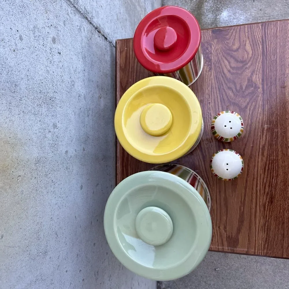 Vintage April Cornell For Silvestri Stoneware Canister Salt Pepper Shaker Set